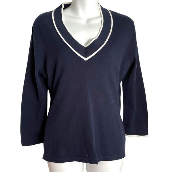 Lauren Ralph Lauren Sweaters - Lauren Ralph Lauren V Neck White Trim Three Quarter Sleeve Sweater Blue White M